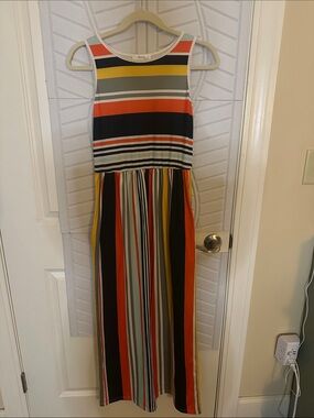Striped Sleeveless Maxi Dress in Black, Orange, Yellow, Gray, Cream with Pockets